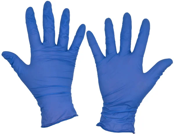 戴着蓝色硝酸铵检查手套的孤立的张开的手 手指轻柔地弹动着 大拇指翻了出来 前视图和后视图 免版税图库图片