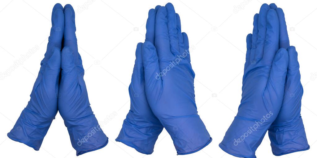 Hands wearing blue nitrile examination gloves pressed flat together in a posture of prayer. Various angles