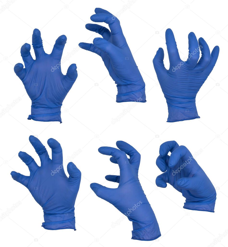 Hand wearing blue nitrile examination glove in a scary claw pose, various views