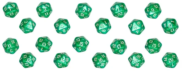 一个使用良好的绿色塑料D20游戏骰子的每一个数字面 被白色背景隔离 免版税图库照片