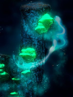 Parlayan gece mantarı, uzaylı cinler ve floresan zehirli sporlarla çevrili ürkütücü bir yeşil ışık yayar. Fantezi sanatı 