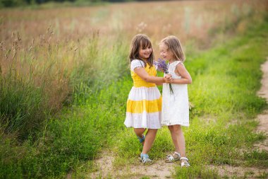Tarlada koşuşturan duygusal kardeşler, özgürlük, mutluluk ve çocukluk kavramı, yaşam tarzı, yaz