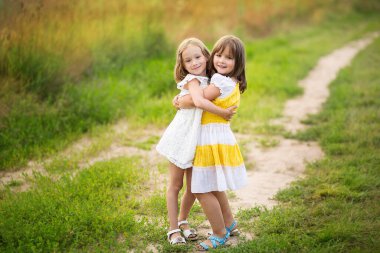 Tarlada koşuşturan duygusal kardeşler, özgürlük, mutluluk ve çocukluk kavramı, yaşam tarzı, yaz