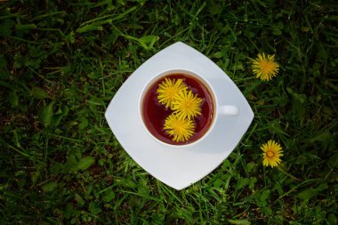 Bahar güneşli yeşil bahçe, parlak sarı karahindibalar ve yeşil çimlerin üzerinde bir fincan sıcak bitki çayı.