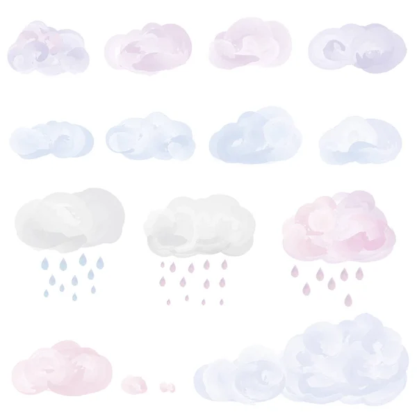 Στυλ Νερομπογιάς Σύννεφο Και Βροχή Εικονογράφηση Σετ — Διανυσματικό Αρχείο