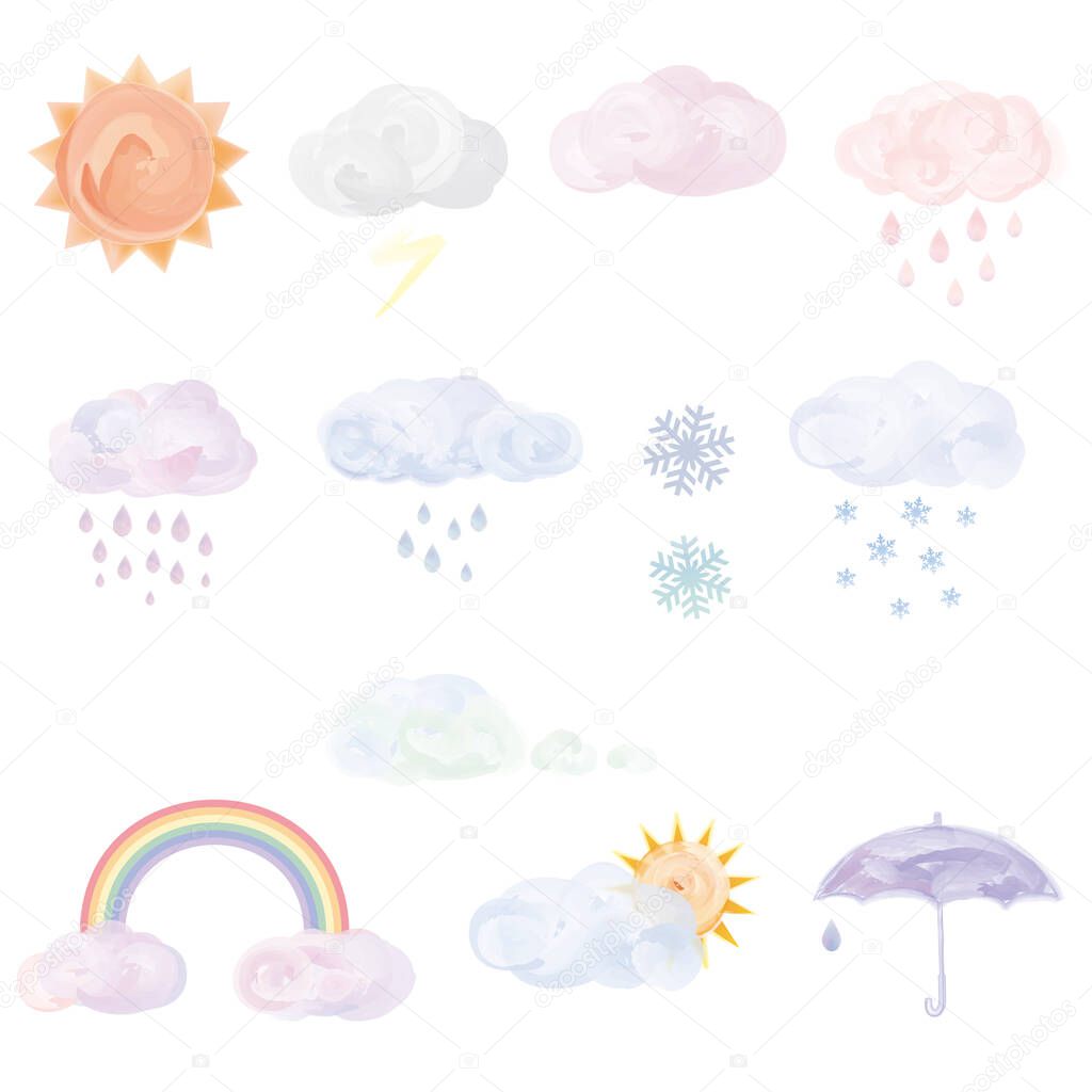Watercolor style weather illustration set