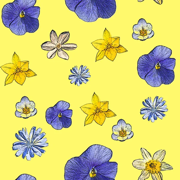Pansyes çiçekleri ile sarı soyut seamless modeli