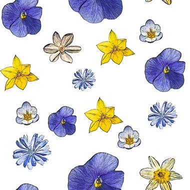 Pansyes, çiçekli beyaz soyut seamless modeli