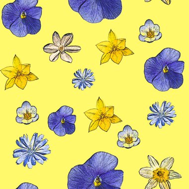 Pansyes çiçekleri ile sarı soyut seamless modeli