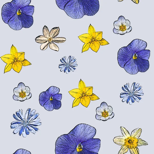 Szara abstrakcja bezszwowe z kwiatami pansyes — Zdjęcie stockowe