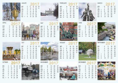 Moskova manzarasına sahip 2017 yıl için takvim (1, 2 - VDKNh Park, 3 - işçinin anıt ve toplu çiftçi, 4 - Bolshaya Dmitrovka, 5 - 6 - modacı, 7 - kırmızı kare Aziz Basil Katedrali VDKNh Park, 8 - Krymskaya Emban