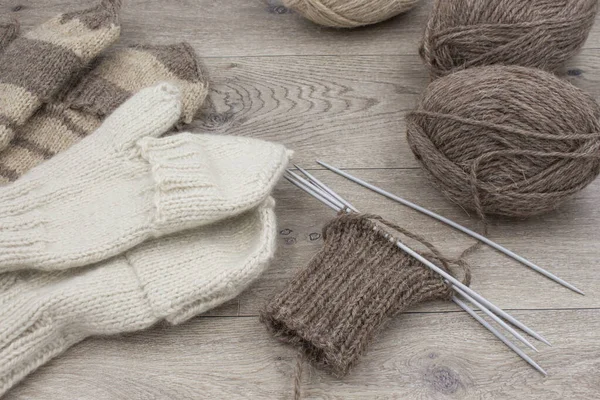 Skeins Thread Knitted Mittens Wooden Background Concept Hobby Home Production — Stock Photo, Image