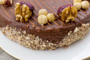 Meringue cake, covered with chocolate, decorated with walnuts and hazelnuts