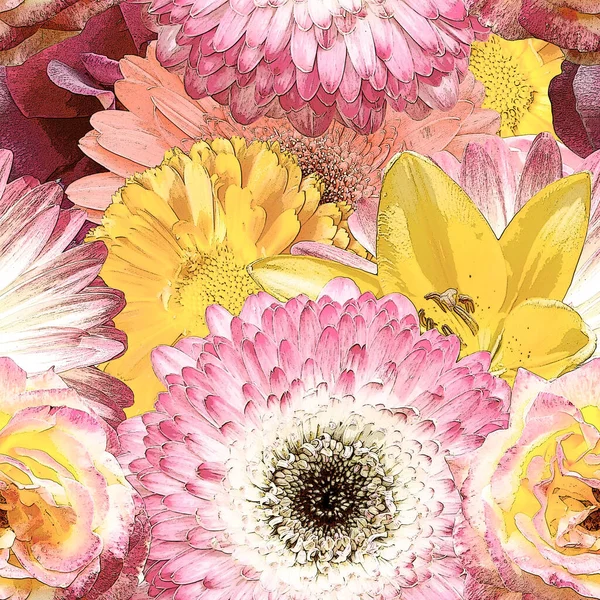 Nahtloses Muster Mit Verschiedenen Blumen Abstrakte Hintergrundillustration Stockfoto