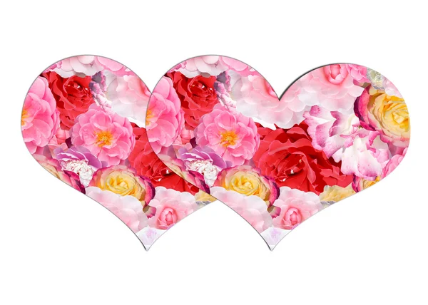 Two hearts with a pattern of roses on a gray floral background — Stock Photo, Image