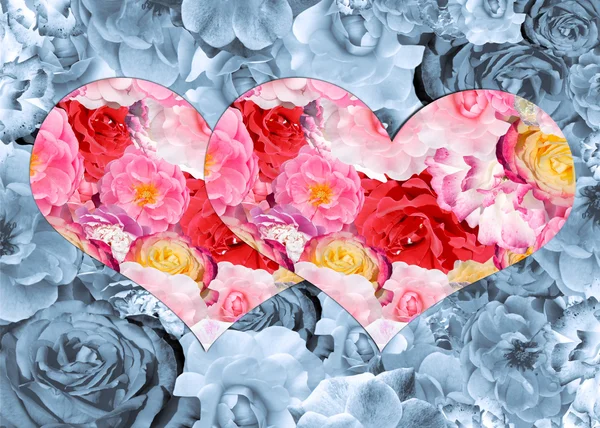 Два ярких сердца с рисунком из роз на серой цветочной спинке — стоковое фото