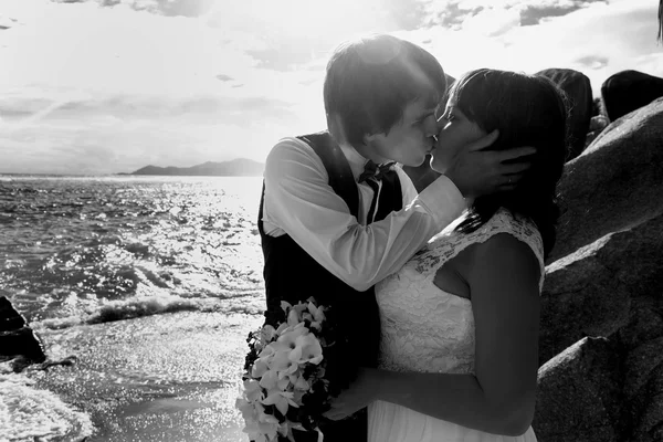 Novia y novio besándose en la playa — Foto de Stock