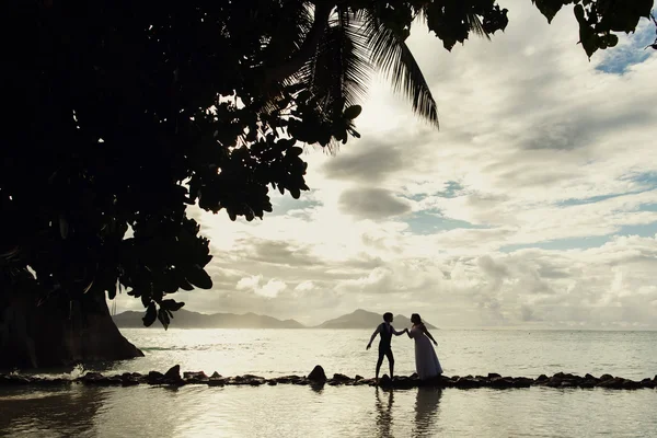 Sposa e sposo sullo sfondo dell'oceano — Foto Stock