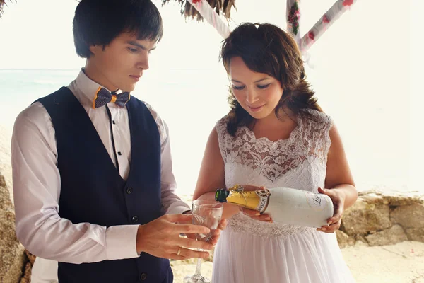 Elegáns gyönyörű menyasszony és a vőlegény — Stock Fotó
