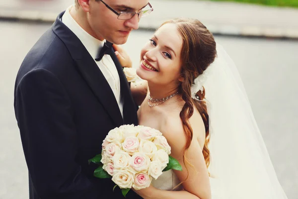 Gentle stylish groom and bride — Stock Photo, Image