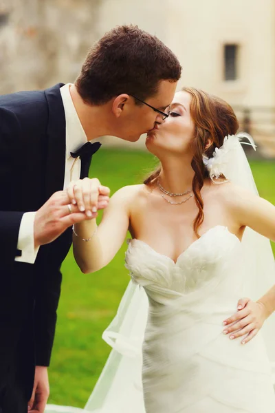 Casal elegante suave está beijando — Fotografia de Stock