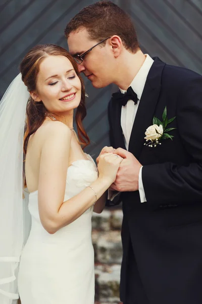 Gentle stylish groom and bride — Stock Photo, Image