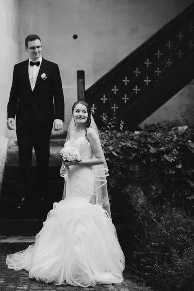 Happy cute stylish groom and bride — Stock Photo, Image