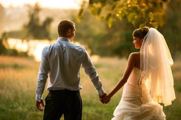 Bruid en bruidegom zijn hand in hand — Stockfoto