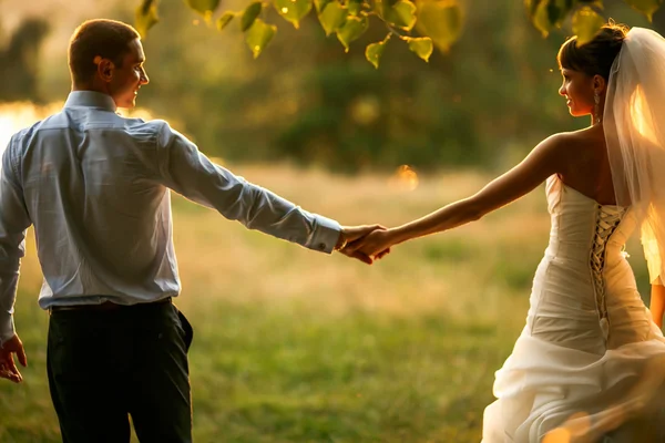 Bräutigam und Braut halten Händchen — Stockfoto