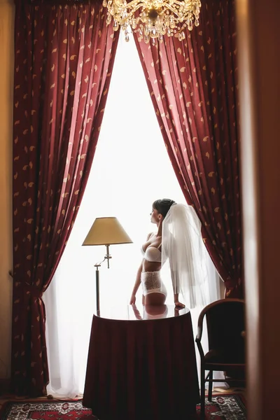 Невеста позирует в нижнем белье — стоковое фото
