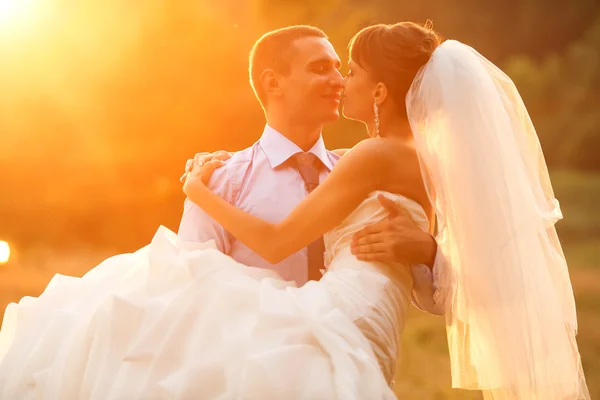 Sposo sta tenendo e la sua sposa — Foto Stock