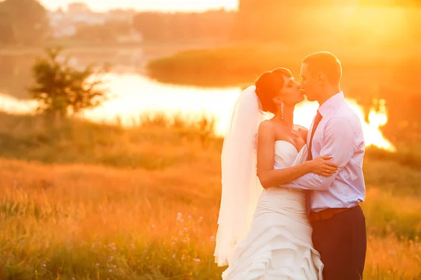 Noivo e noiva está abraçando e beijando — Fotografia de Stock