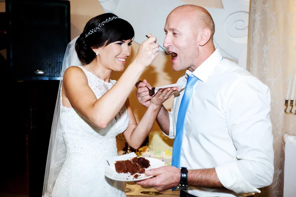 Braut füttert Bräutigam mit Glatze — Stockfoto