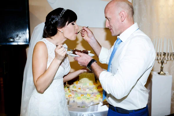 Brunette bride wedding cake — Stock Photo, Image