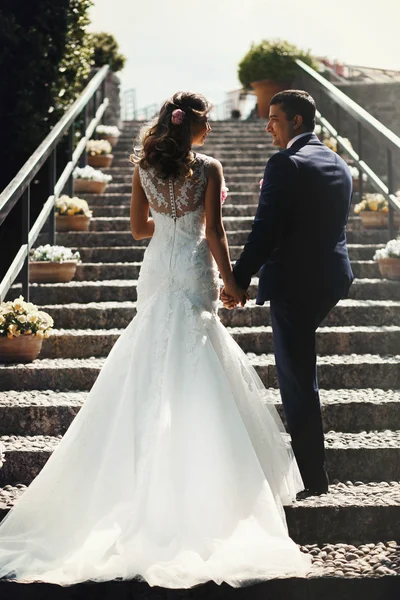 Stilvolle junge glückliche Braut für den Bräutigam — Stockfoto