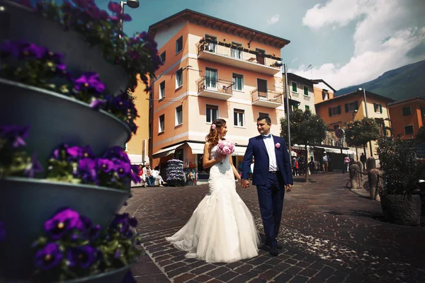 Elegante giovane sposa felice allo sposo — Foto Stock