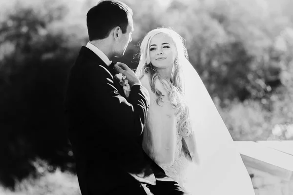 Brunette groom and blonde bride — Stock Photo, Image