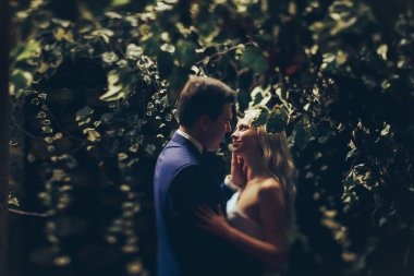 Gelin ve damadın birbirlerine bakıyorlar.