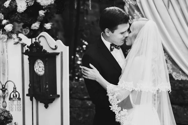 Bruid en bruidegom higing kussen — Stockfoto