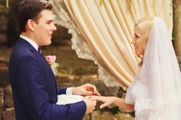 Novia feliz y novio poner anillos — Foto de Stock