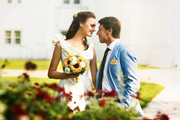 -kék öltöny kezében egy menyasszony vőlegény — Stock Fotó