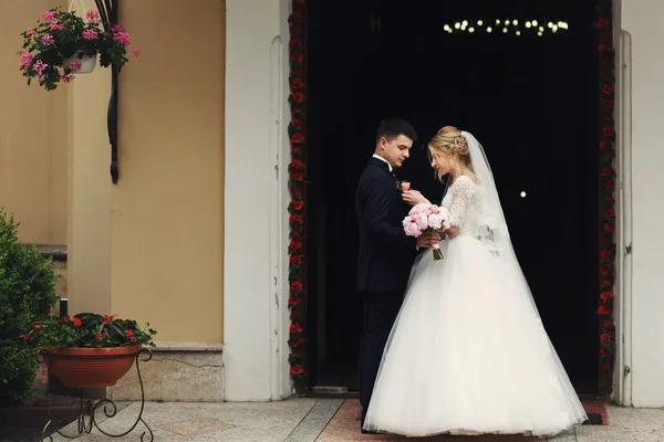 Pohledný ženich v obleku a nevěsta — Stock fotografie