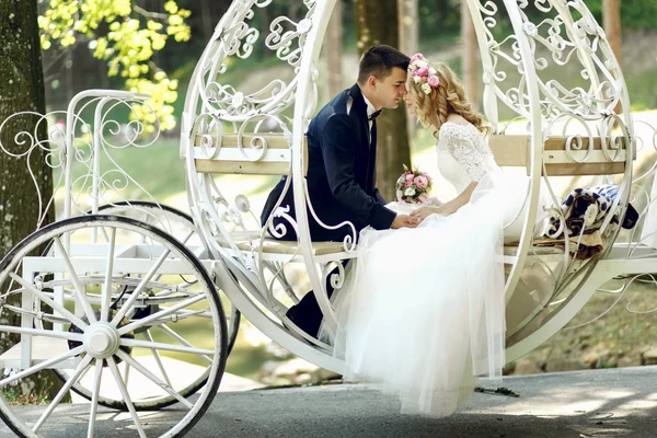 Bello sposo baciare bionda bella sposa in fata magica t — Foto Stock