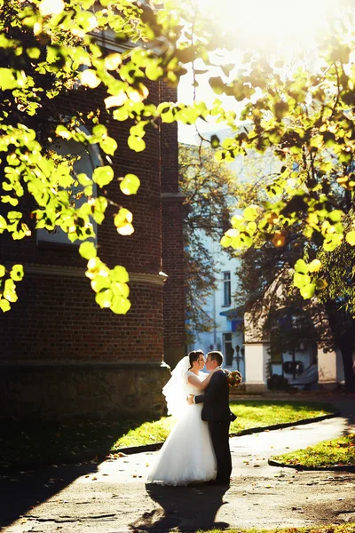Noiva e noivo andando — Fotografia de Stock