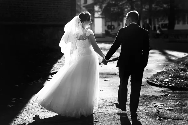 Novia y novio caminando — Foto de Stock