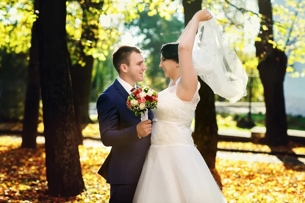 Novia y novio caminando — Foto de Stock