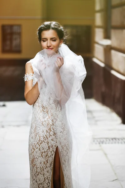 Gorgeous happy smiling brunette bride — Stock Photo, Image