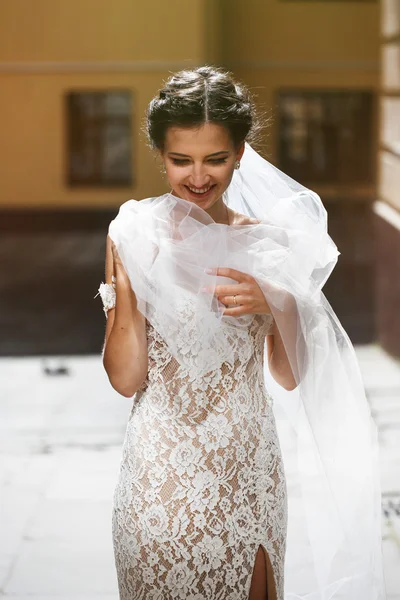 Gorgeous happy smiling brunette bride — Stock Photo, Image