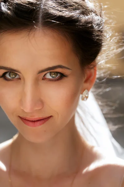 Gorgeous emotional smiling brunette bride — Stock Photo, Image