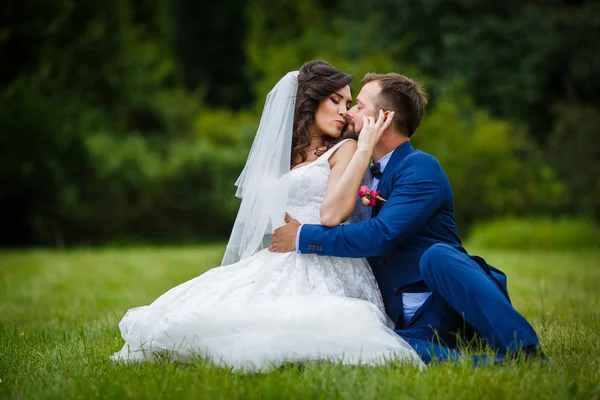 Schöner glücklicher Bräutigam umarmt Braut — Stockfoto